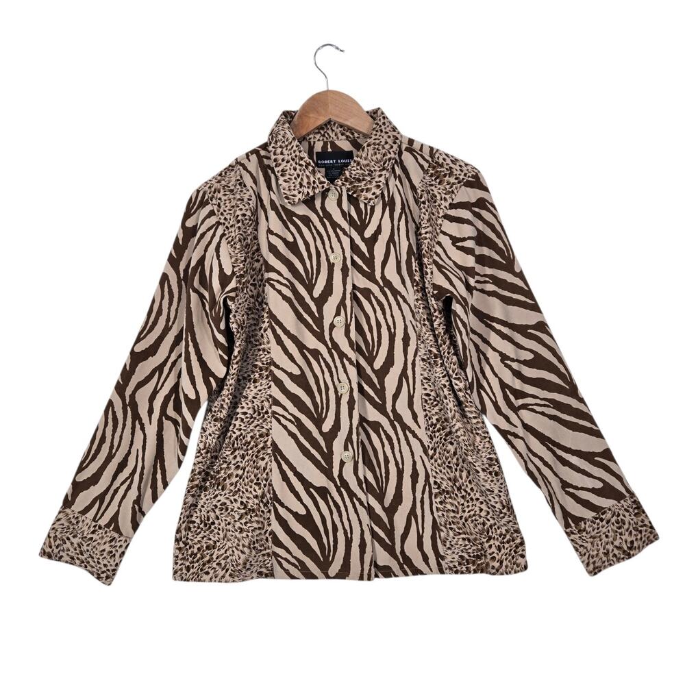 Y2K Robert Louis Animal Print Button Front Top M Brown Zebra Cheetah Shacket